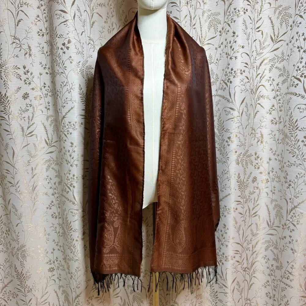 Silk Paisley Pashmina Shawl Wrap OS Brown Fringe Vintage Fall Boho Cottagecore